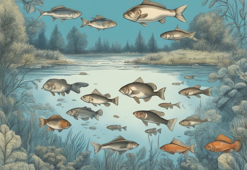 Vintage-Skizzenillustration mit Fischarten Brandenburg in einem klaren See, umgeben von üppiger Vegetation.