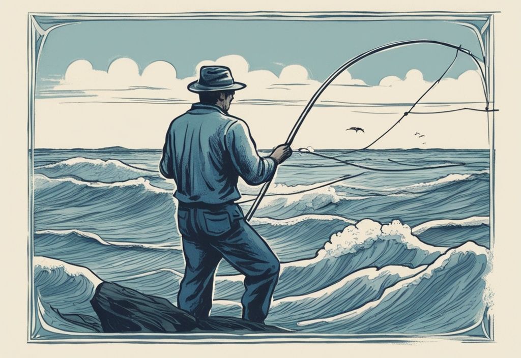 Vintage Illustration eines Mannes beim angeln am Meer ohne Angelschein, der eine handgemachte Angelschnur in die ruhigen Ozeanwellen wirft.