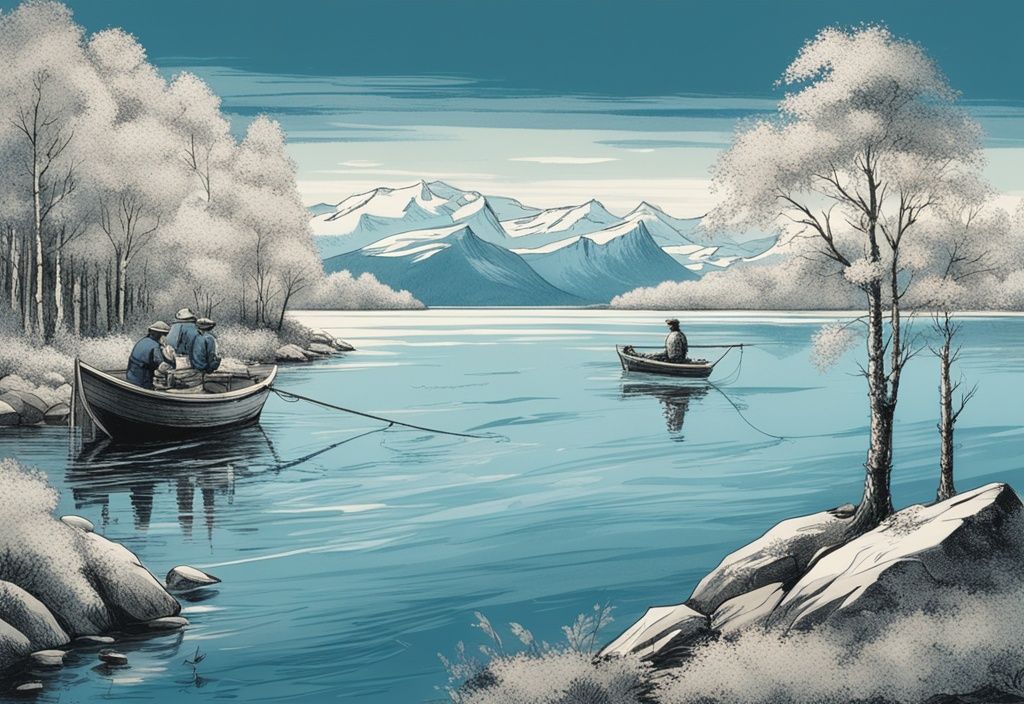 Vintage-Skizze von Fischern auf einem Boot mit Angelruten in kristallklarem Wasser in Norwegen, umrahmt von blühenden Bäumen, beste Jahreszeit Norwegen angeln.