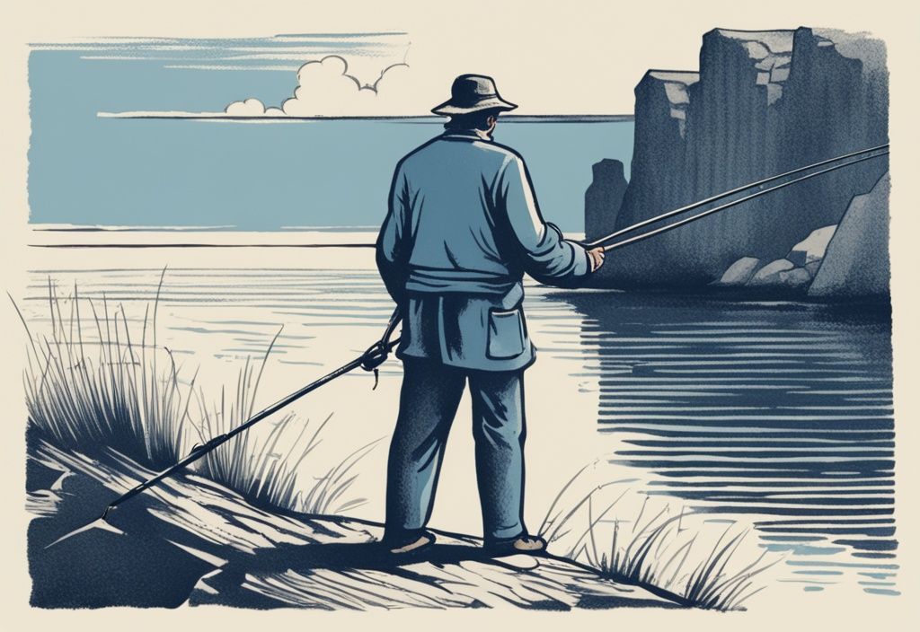 Vintage-Skizze eines Fischers an der ruhigen dänischen Küste, der mit mehreren Angelruten jongliert, um die Verwirrung über die Frage "mit wieviel Ruten darf ich in Dänemark angeln" darzustellen.