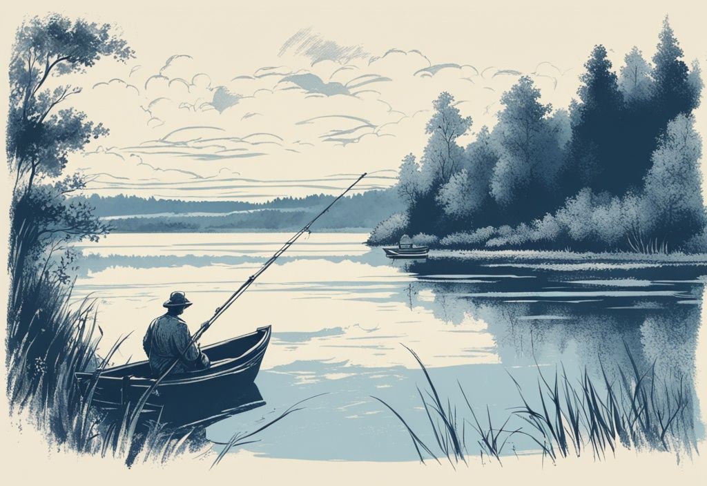 Vintage Skizze eines Fischers in einem Boot auf einem ruhigen See, umgeben von üppigem Grün der polnischen Landschaft, Hauptfarbton Blau