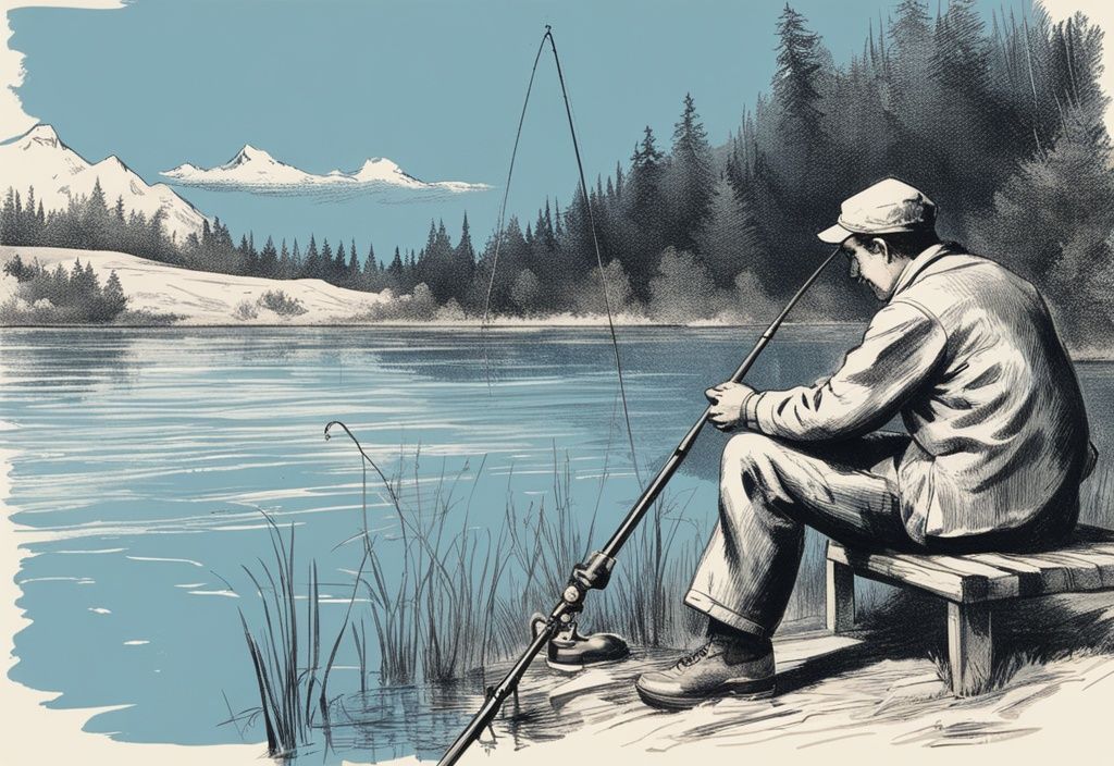 Vintage-Skizze eines Fischers auf einem ruhigen See, der ein Barometer überprüft, Angelrute im Hintergrund, blaues Farbschema.
