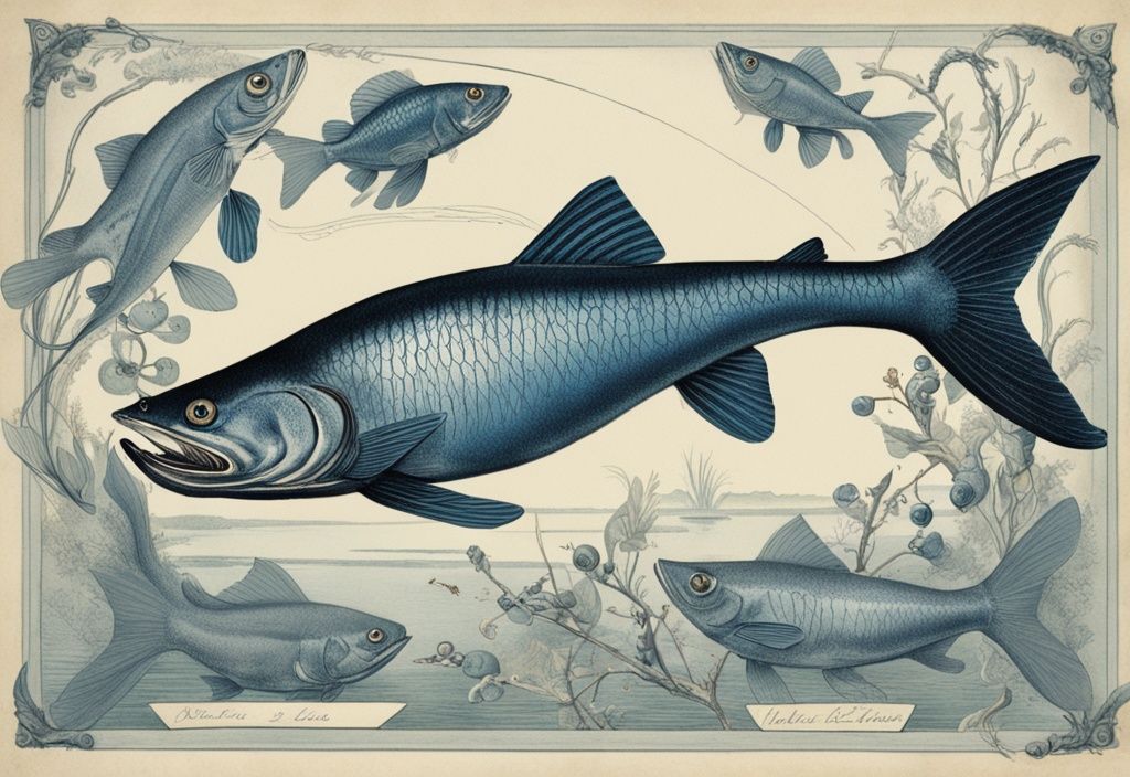 Vintage-Skizze eines Welses beim Essen von kleinen Wasserinsekten, Hauptfarbthema Blau.