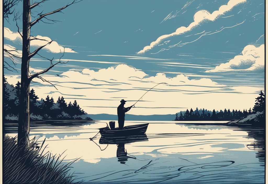 Vintage-Skizzenillustration eines ruhigen Sees am frühen Morgen, blauer Farbton, Fischer auf kleinem Boot, klare Himmel, perfektes Angelwetter.