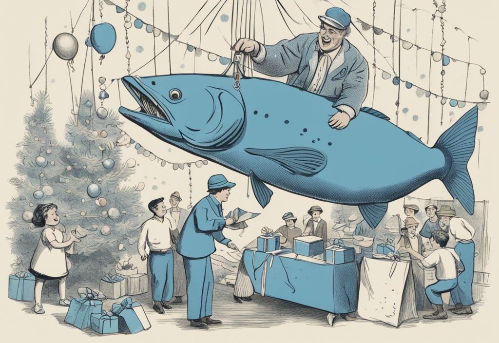 Vintage-Skizze eines Fischers, der ein großes Geschenk enthüllt und einen riesigen Fisch findet, umgeben von Geburtstagsdekorationen und Festlichkeiten, Hauptfarbthema Blau.