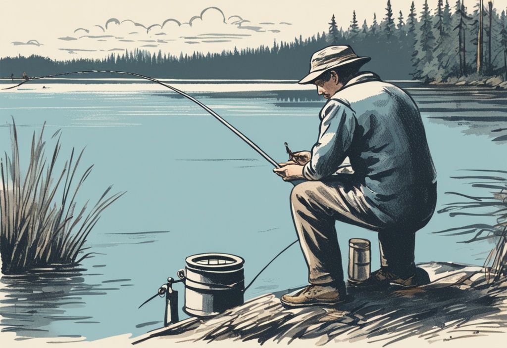 Vintage-Skizze eines Fischers am ruhigen See, der ein Barometer überprüft, Angelrute im Hintergrund, Hauptfarbe Blau