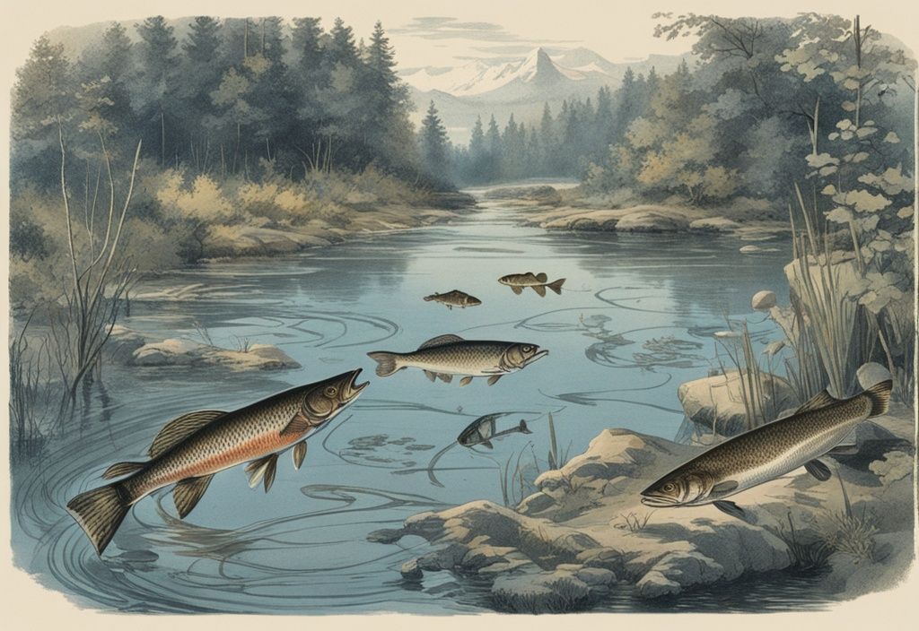 Vintage-Skizze von deutschen Fischen wie Hecht, Karpfen und Zander in einem klaren Bach mit dichten Wäldern im Hintergrund, Hauptfarbe Blau.