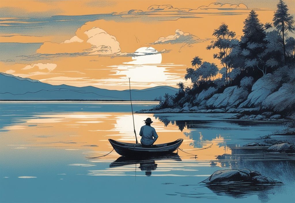 Vintage-Skizzenillustration, Angler auf der Insel Hitra beim Auswerfen der Angel im glitzernden Wasser unter der Abenddämmerung.