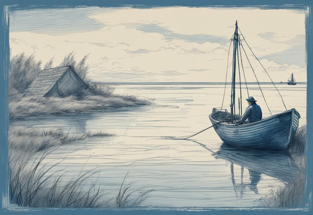Vintage-Skizze eines Fischers auf einem traditionellen friesischen Boot vor der Küste von Föhr, der seine Angel ins blaue Meer wirft.