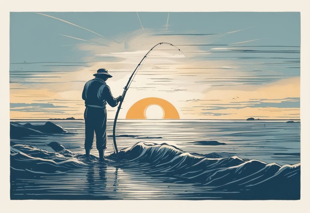 Vintage-Skizze eines Fischers, der in kniehohem Wasser angelt, umgeben von einer ruhigen Meereslandschaft mit aufgehender Sonne im Hintergrund, ideal für Meerforelle angeln.