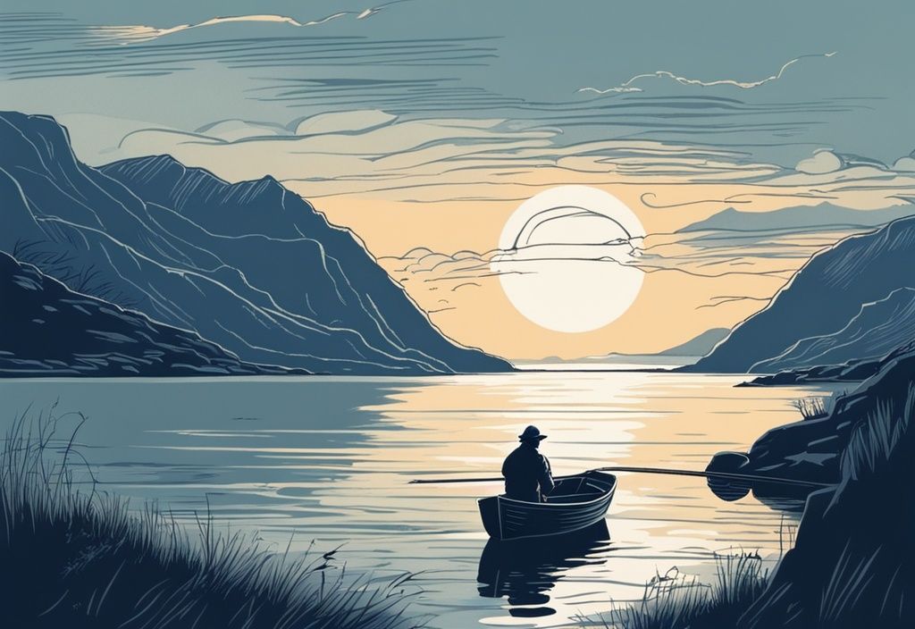 Vintage-Skizzenillustration eines Fischers in einem Boot, umgeben von Fjorden bei Sonnenuntergang in Südnorwegen, Angeln in Südnorwegen.