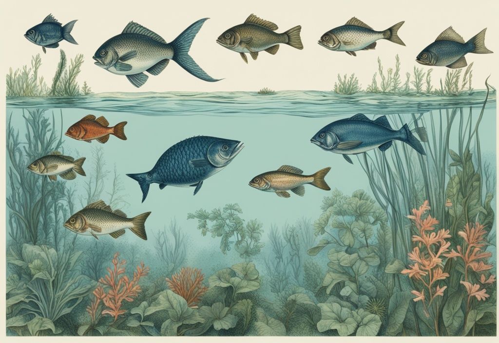 Vintage-Skizze von Fischen aus Niedersachsen, schwimmend in klarem Wasser mit grünen Wasserpflanzen im Hintergrund, Hauptfarbe Blau