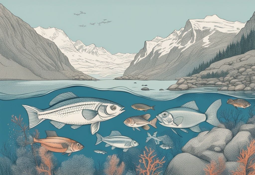 Vintage-Skizzenillustration von norwegischen Fischarten in leuchtenden Farben unter Wasser, vor der Kulisse eines ruhigen Fjords, Hauptfarbthema Blau.