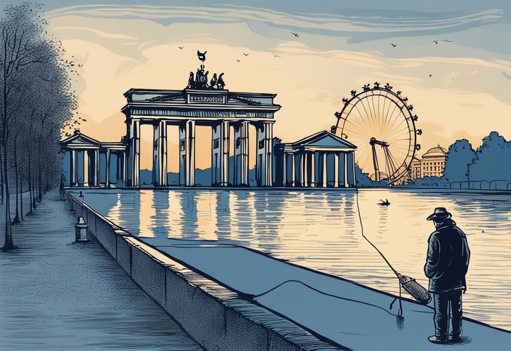 Vintage-Skizze eines einsamen Fischers beim Angeln in Berlin bei Sonnenaufgang am Brandenburger Tor.