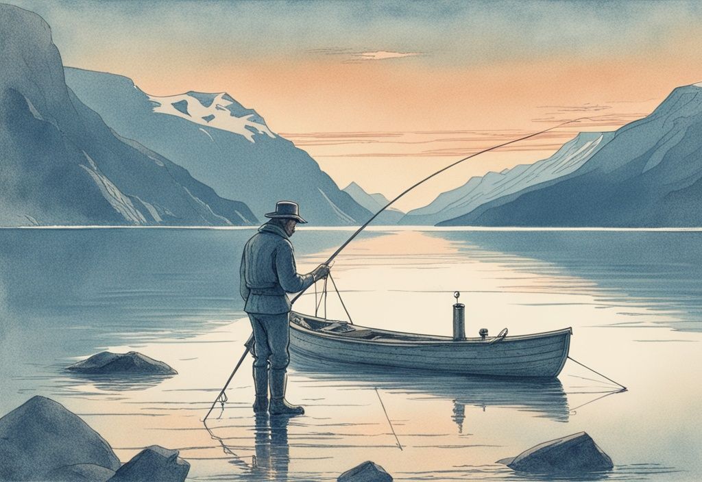 Vintage Skizze eines Anglers in einem klaren norwegischen Fjord bei Sonnenaufgang