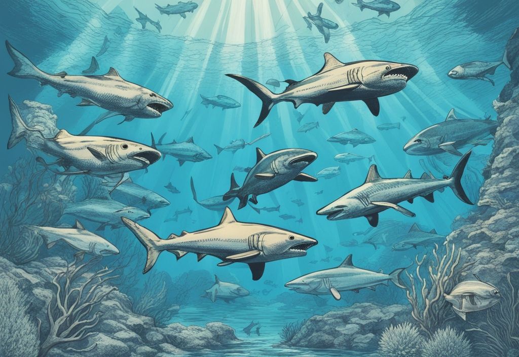 Vintage-Skizzenillustration von Raubfischen Liste wie Haie, Barrakudas und Piranhas im tiefblauen, sonnenbeschienenen Ozean.