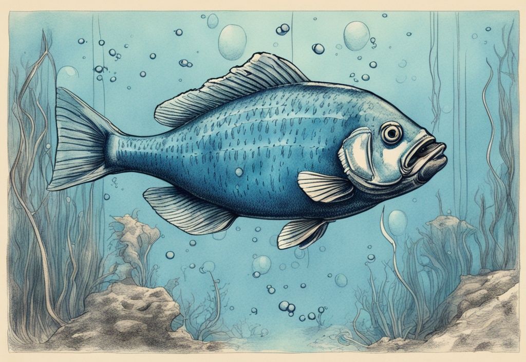 Vintage-Skizzenillustration eines Fisches mit sichtbaren Kiemen und Sauerstoffblasen in einer Unterwasserszene, Hauptfarbthema Blau