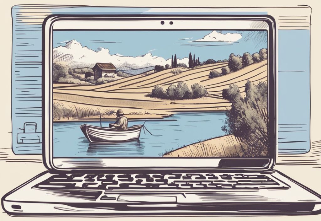 Vintage-Skizzenillustration in Blau: Laptop-Bildschirm zeigt den Online-Kaufprozess eines italienischen Angelscheins, mit idyllischer italienischer Landschaft im Hintergrund. Keyword: Angelschein Italien online kaufen.
