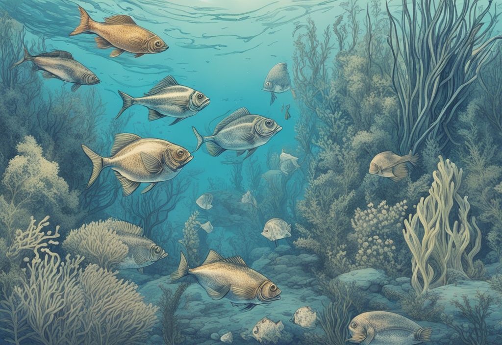 Vintage-Skizze einer Unterwasseransicht mit verschiedenen Fischarten im Rhein, die zwischen üppiger Wasservegetation schwimmen, Hauptfarbthema Blau.