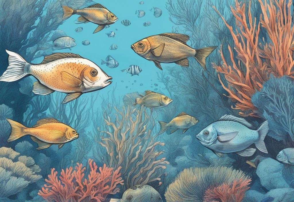 Vintage-Skizze einer Unterwasseransicht mit bunten Fischen aus dem Atlantik bei der Bretagne, umgeben von lebhaften Meerespflanzen, in Blautönen gehalten.
