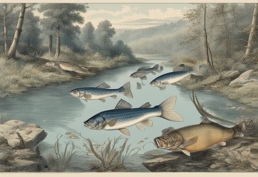 Vintage-Skizzenillustration von deutschen Fischen wie Hecht, Karpfen und Zander in einem klaren Bach vor dichtem Wald, Hauptfarbton Blau