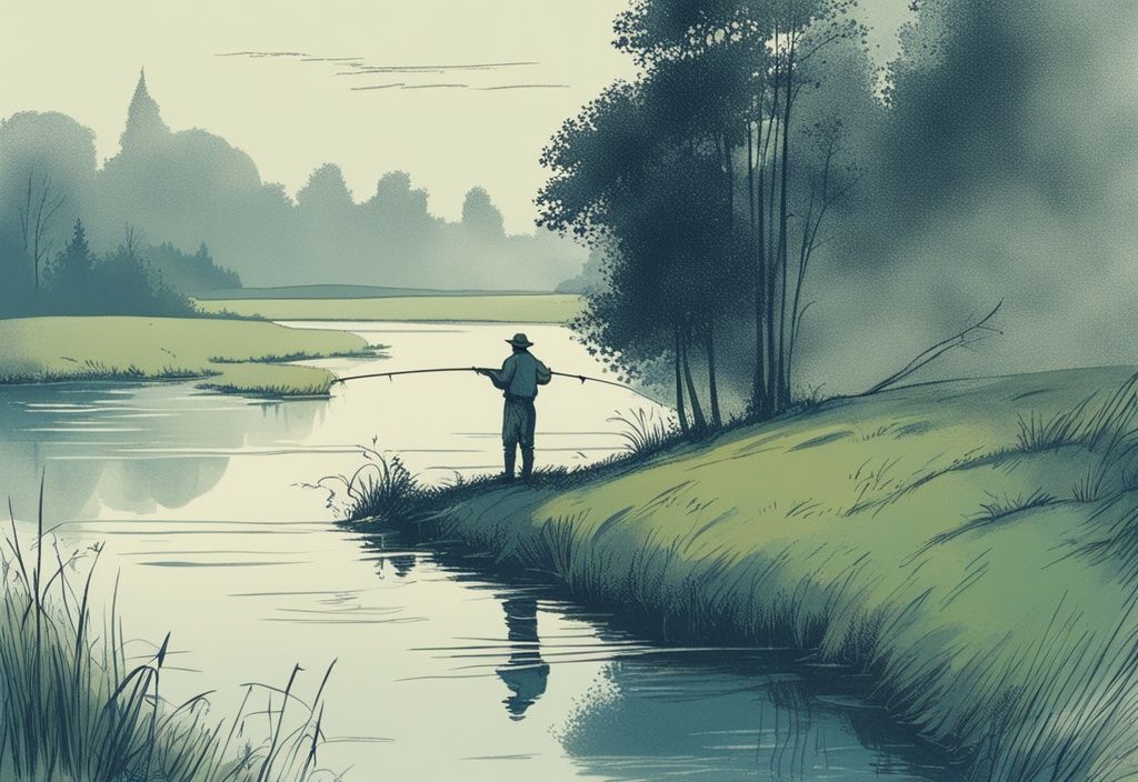 Vintage-Skizze eines einsamen Fischers am nebligen Flussufer mit Angelrute, umgeben von der grünen Landschaft des ländlichen Polen - Angeln in Polen