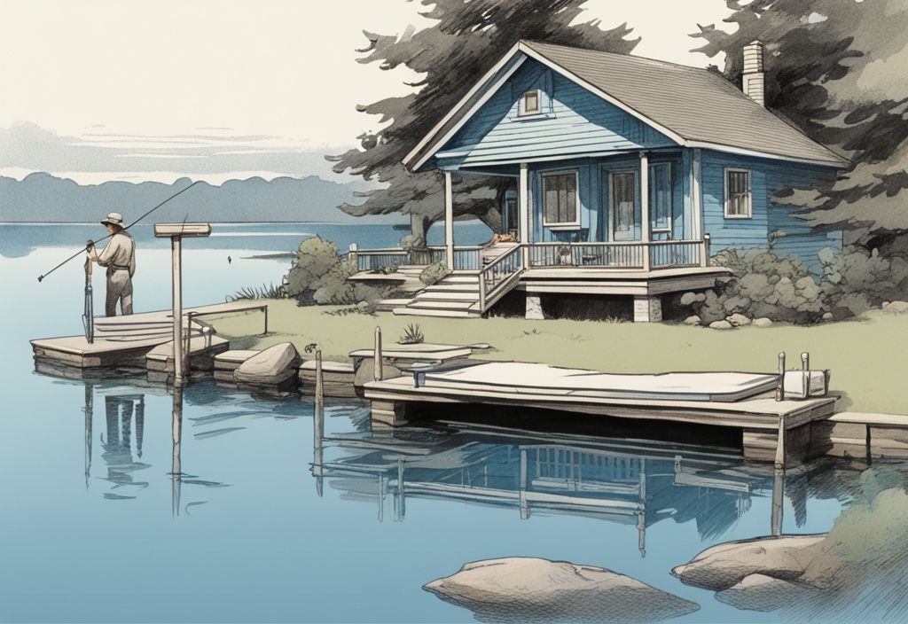 Vintage-Skizze eines blauen Bungalows am Seeufer mit Steg und Angelruten, die sich im ruhigen Wasser spiegeln