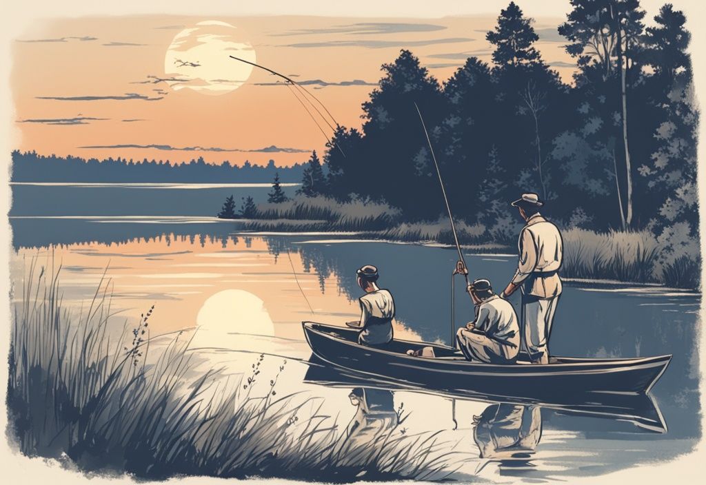 Vintage-Skizze: Familie beim Angeln auf den ruhigen Gewässern der Mecklenburgischen Seenplatte bei Sonnenuntergang, Angelurlaub Mecklenburgische Seenplatte.