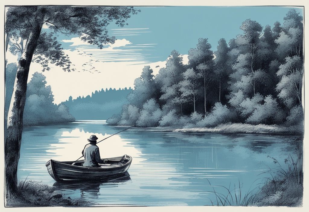 Vintage-Skizze eines friedlichen Angelurlaubs in Deutschland: Person angelt in einem kleinen Boot auf einem ruhigen See, umgeben von üppigem Grün.
