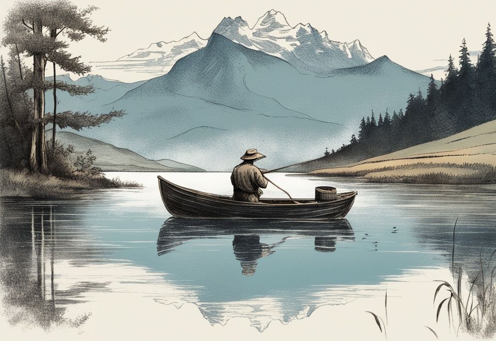 Vintage Illustration eines Fischers auf einem Holzboot in einem ruhigen See, umgeben von malerischen Landschaften und Bergen der deutschen Landschaft, in Blau gehalten.