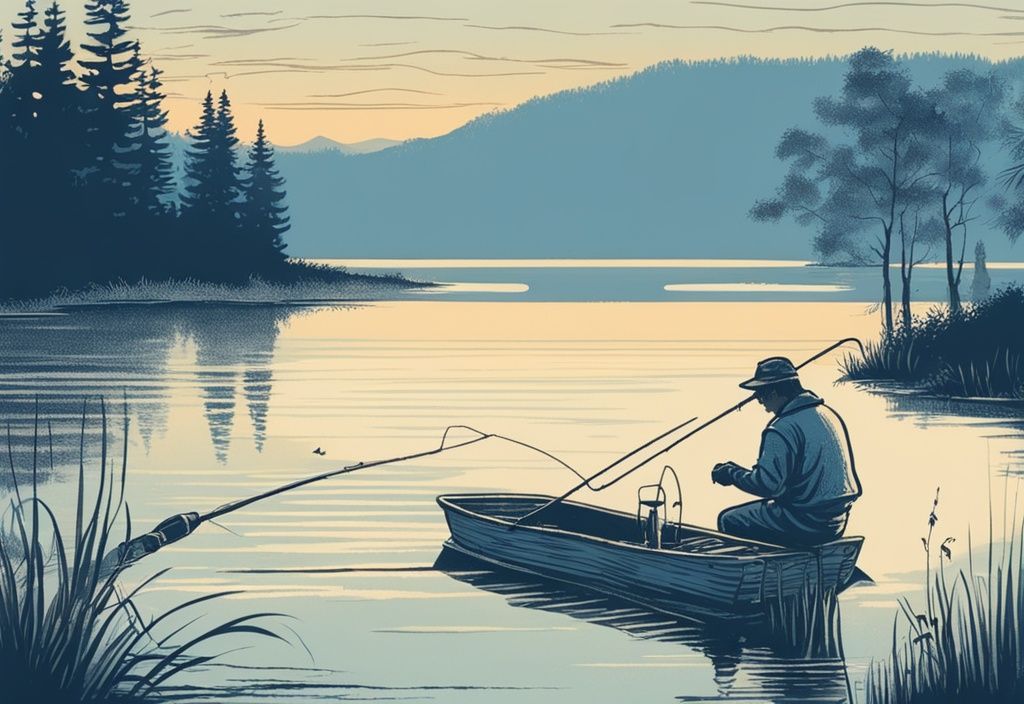 Vintage-Skizze: Fischer bereitet Ködermischung am ruhigen See bei Morgendämmerung vor, Angelrute im Wasser, blaue Farbthemen.