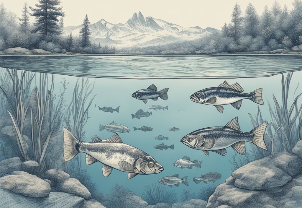 Vintage-Skizze von deutschen Süßwasserfischen in klarem Wasser mit malerischer deutscher Landschaft im Hintergrund, Hauptfarbthema Blau.