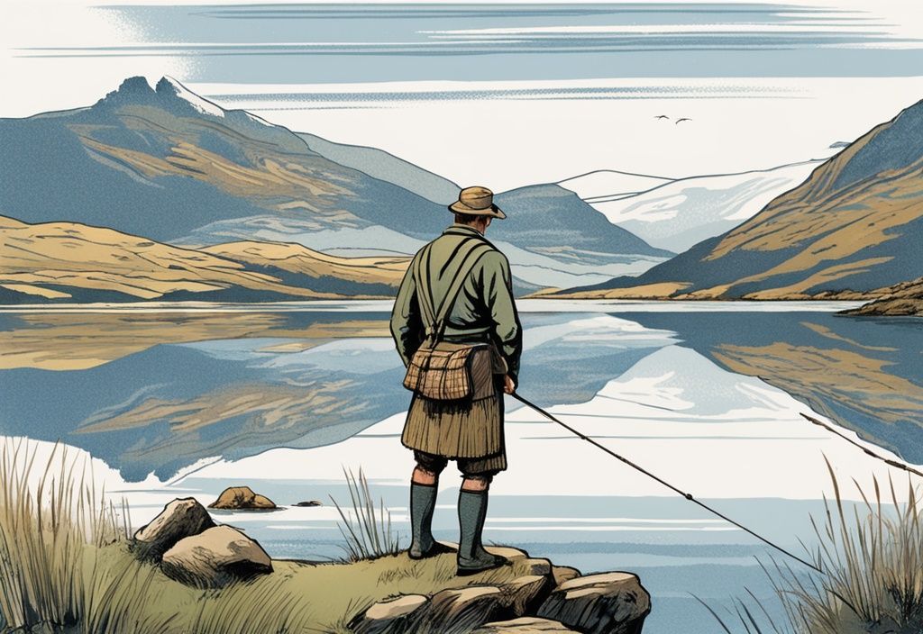 Vintage-Skizze eines schottischen Fischers in traditioneller Kleidung am ruhigen Loch mit Angelrute und atemberaubender Highlands-Bergkulisse, Hauptfarbthema Blau.