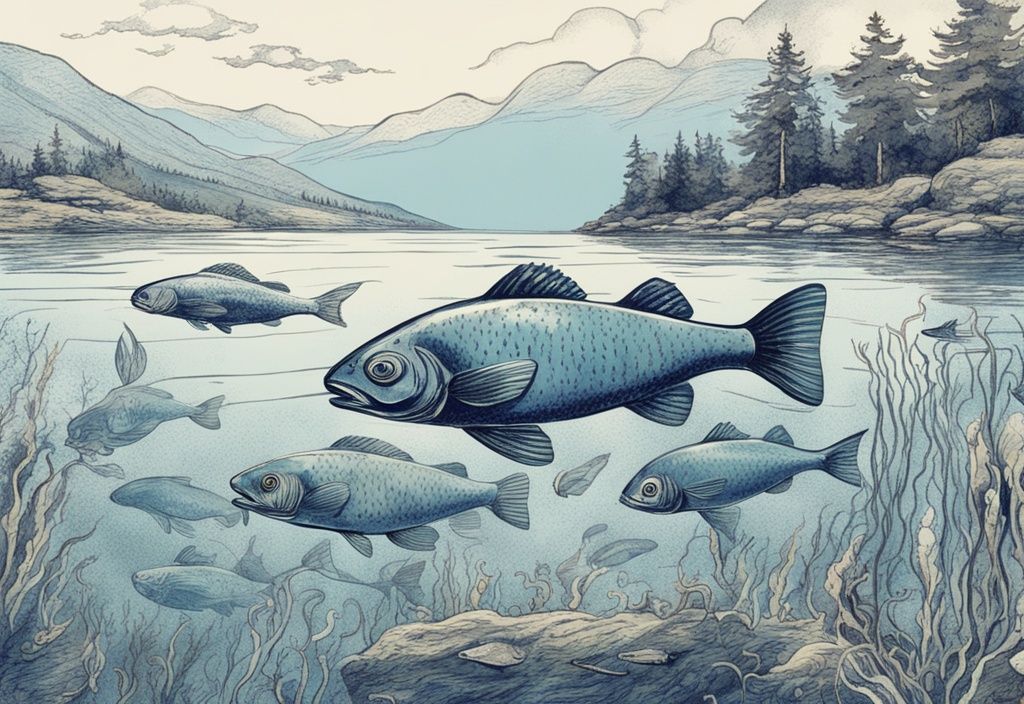 Vintage-Skizze mit blauen Farbtönen, die verschiedene bunte Loch Ness Fischarten im kühlen, trüben Wasser zeigt.