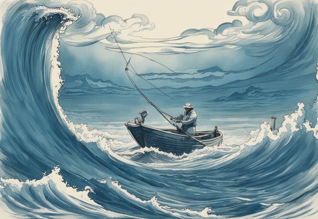 Vintage-Skizzen-Illustration eines Fischers im Boot, der seine Leine in einen weiten, blauen Ozean voller springender Thunfische auswirft; Thunfisch angeln.