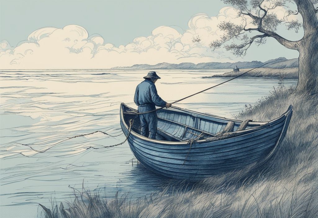 Vintage Illustration eines Fischers auf einem traditionellen friesischen Boot vor der Küste von Föhr, der seine Angel in das weite blaue Meer auswirft