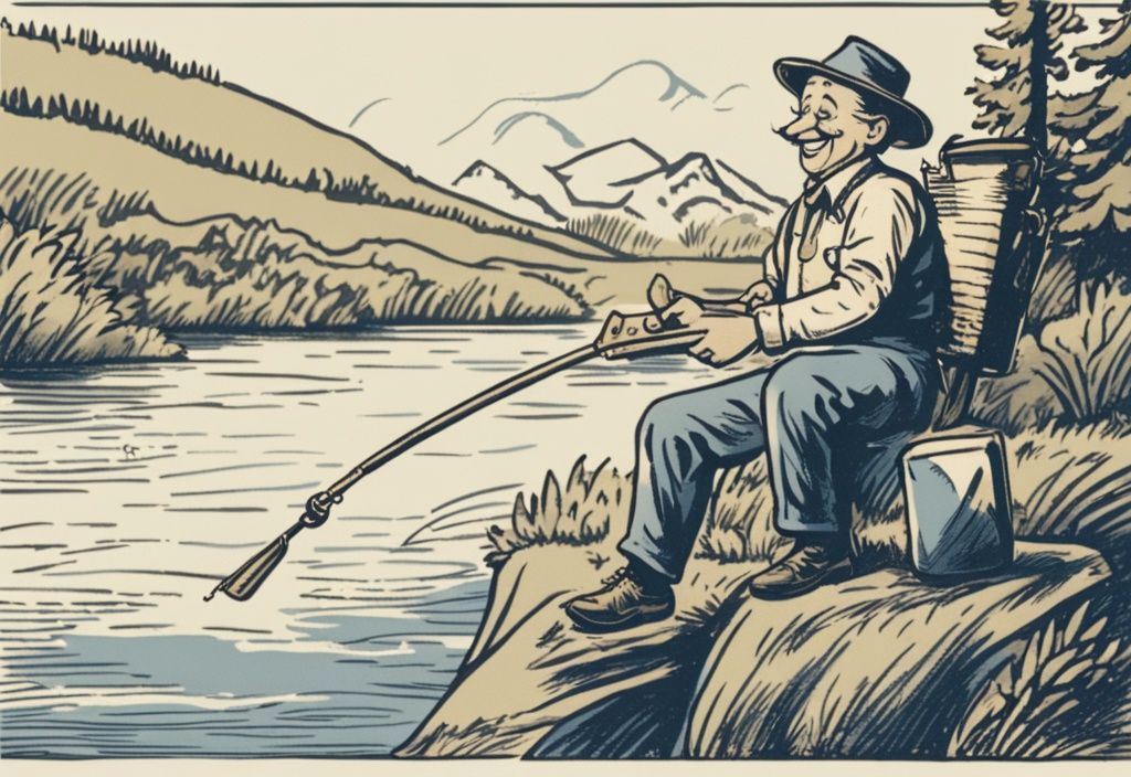 Vintage-Skizzenillustration eines fröhlichen Anglers, der seinen Geburtstag am Fluss feiert, mit Angelrute und Schild mit witzigem Geburtstagsspruch, Farbschema blau
