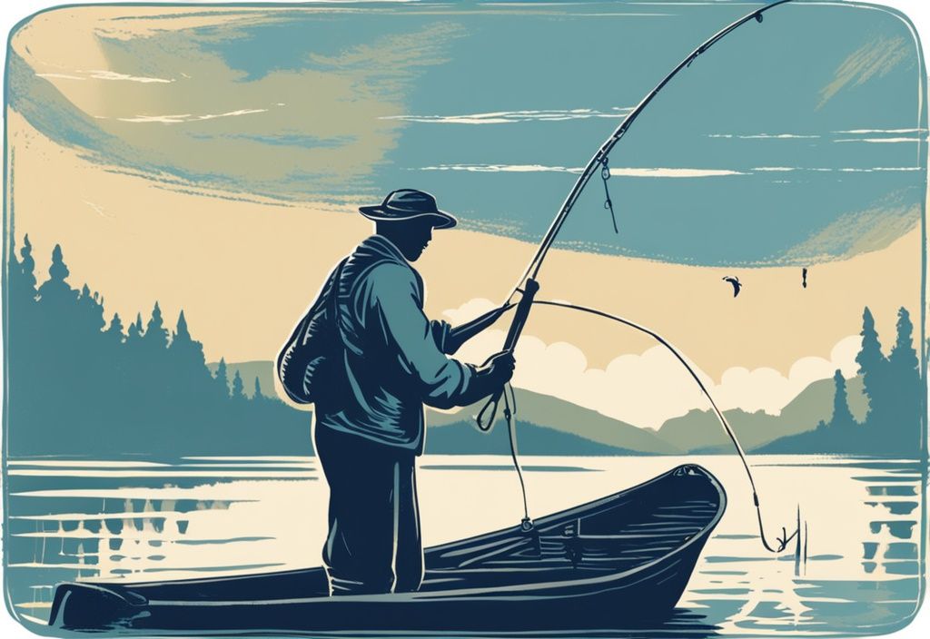 Skizze eines Fischers auf einem ruhigen See bei Morgendämmerung, der gerade einen großen Fisch fängt, zeigt das Thema wann beißen Fische am besten.