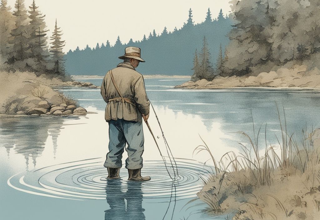 Vintage-Skizze eines Fischers in blauen Watstiefeln, der in einem klaren Fluss steht und seine Angel auswirft, mit einem glänzenden Meerforelle unter der Wasseroberfläche.