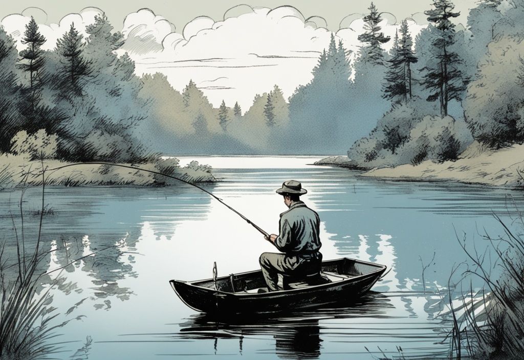 Vintage Illustration eines Anglers am See mit Schwimmerausrüstung, der auf Karpfen wartet, in blauen Farbtönen
