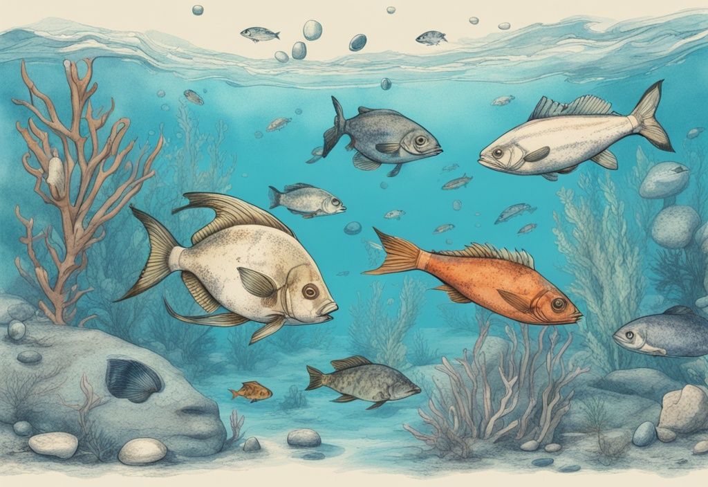 Vintage-Skizzenillustration in Blau mit bunten Aralsee Fischarten, die im klaren Wasser zwischen Unterwasserpflanzen und Kieseln schwimmen.