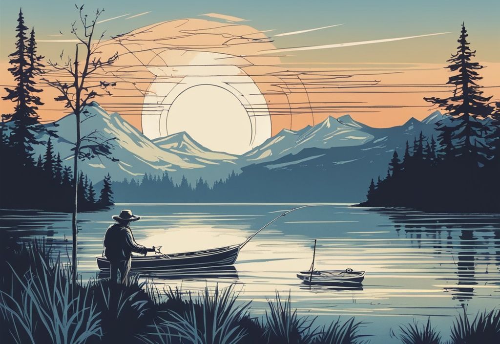 Vintage-Skizze eines Anglers, der bei Sonnenaufgang von einem Boot aus eine Angelschnur auswirft, umgeben von ruhigen GewÀssern und fernen Bergen, Angeln in Italien