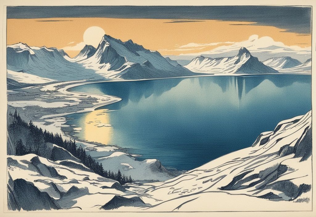 Vintage-Skizze einer atemberaubenden Gezeiten Norwegen in einem Fjord mit schneebedeckten Bergen und Mitternachtssonne.