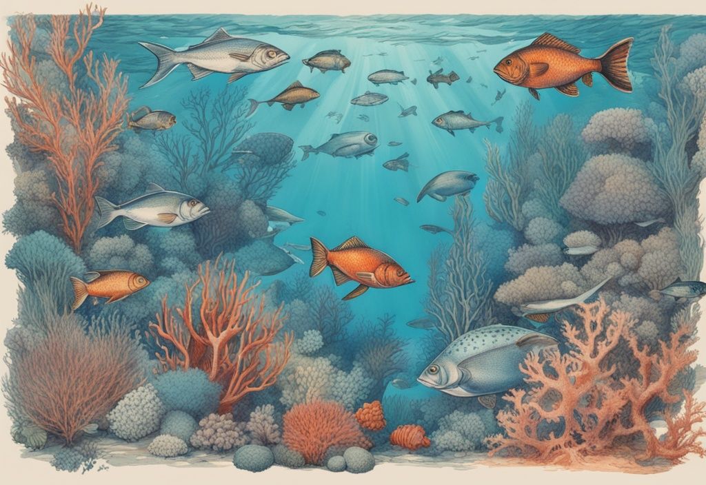 Vintage Illustration einer lebhaften Unterwasserszene mit seltenen Fischarten in Blau, umgeben von Korallen und Meerespflanzen.