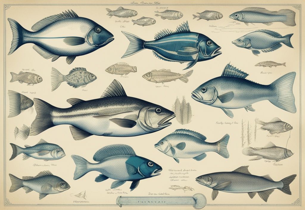 Vintage-Skizzenillustration von verschiedenen Fischarten mit blauer Farbgebung und Zeitlinien, die ihre geschätzte Lebensdauer anzeigen, wie alt werden Fische.