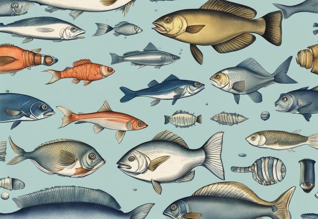 Vintage-Skizzenillustration von Fischen mit blauem Farbschema, verschiedene Fischarten mit Darstellungen ihrer spezifischen Ernährung wie Plankton, Würmer, kleine Fische und Algen.