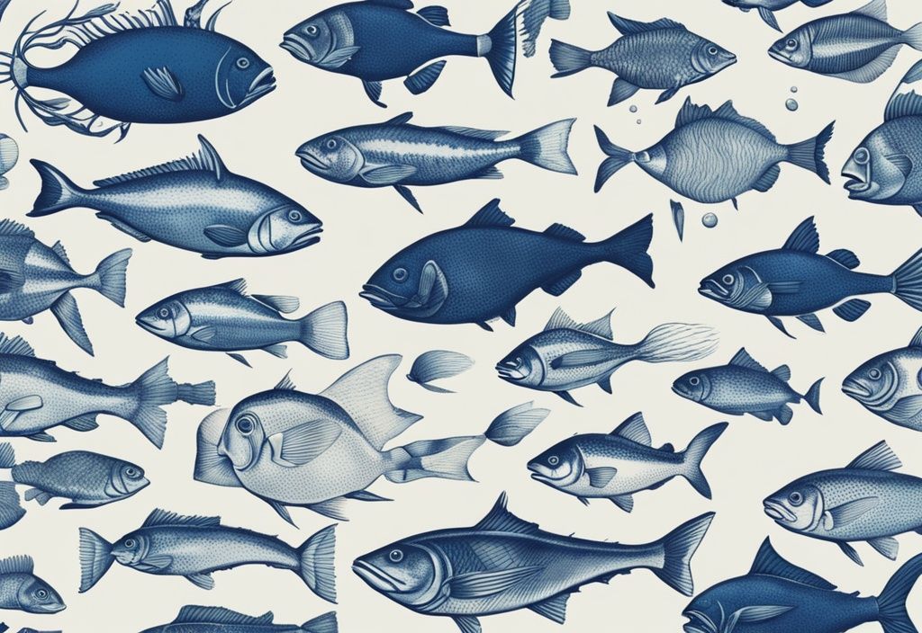 Vintage-Skizzenillustration von verschiedenen Fischarten der Ostsee in klarem, tiefblauem Wasser