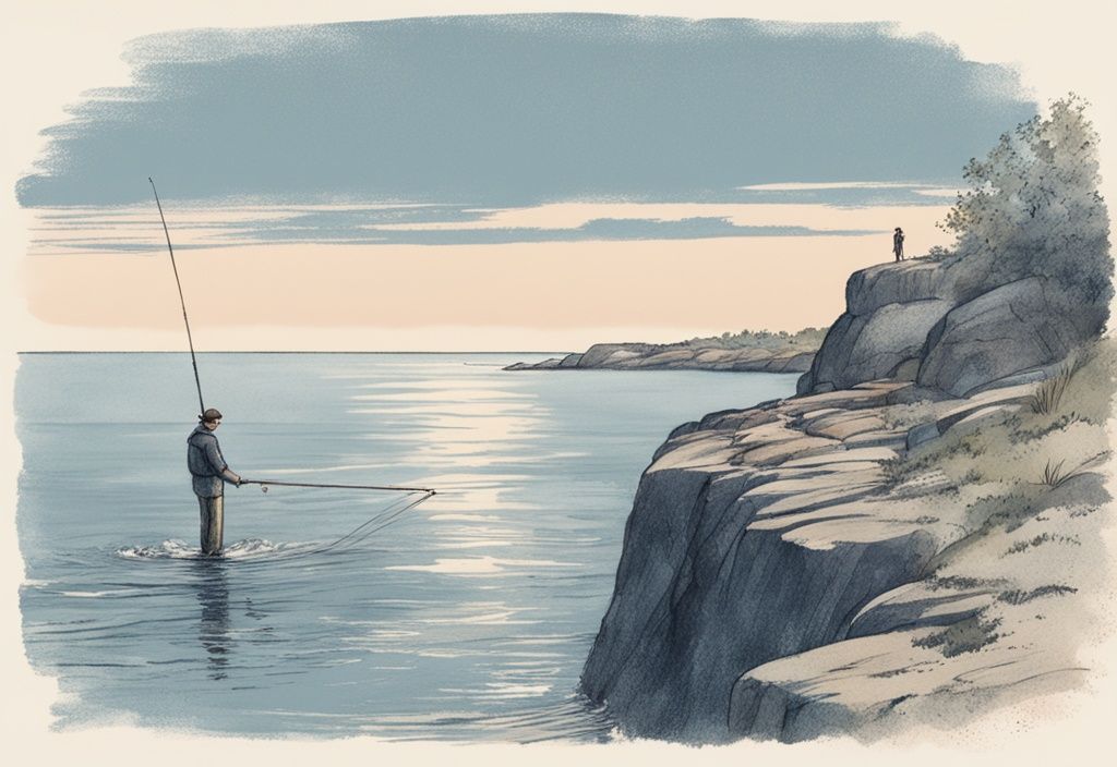 Vintage-Skizze eines Anglers an der felsigen Küste von Bornholm bei Morgendämmerung in blauen Pastelltönen