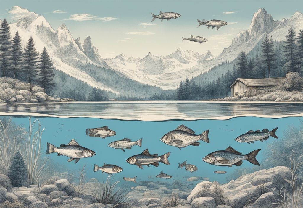 Vintage-Skizze von Fischarten in Deutschland in einem klaren See mit malerischer deutscher Landschaft im Hintergrund