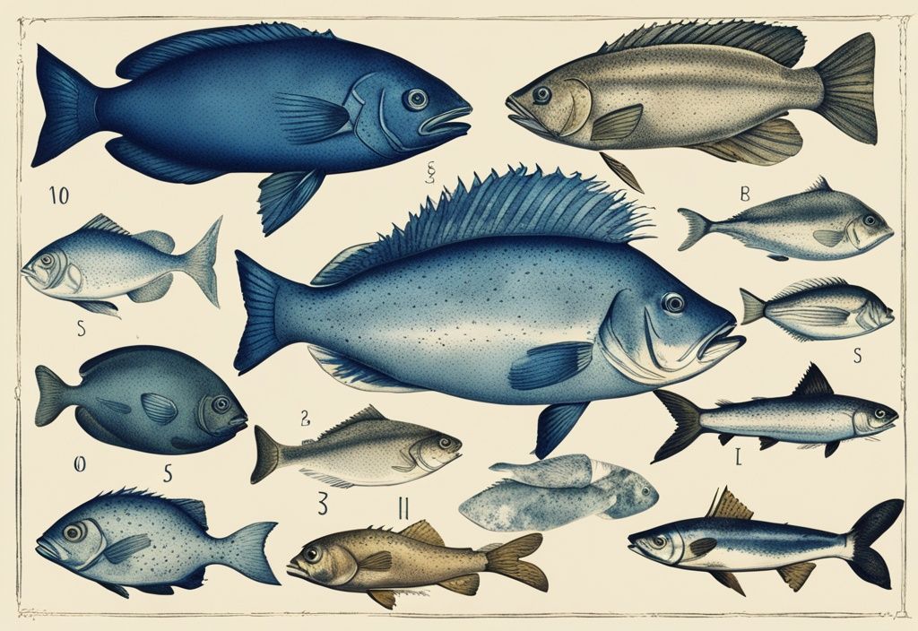 Vintage-Skizzenillustration von Fischarten Ostsee in Blau, die Vielfalt der Größe, Form und Farbe der Fische zeigt.